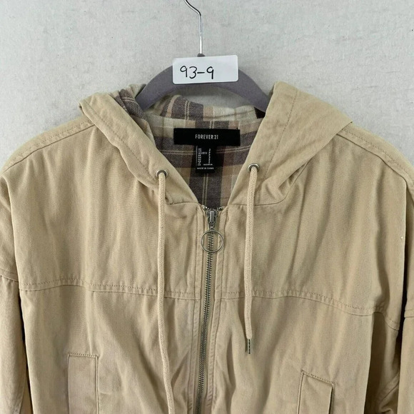Forever 21 Jacket Womens Sz S Beige Full-Zip Flannel Lined Hooded Bomber Cropped - Picture 9 of 9